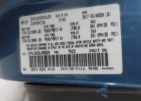 2003 Dodge Ram 1500 Slt/Laramie/St from USA, damaged, VIN 1D7HU18D23J568629